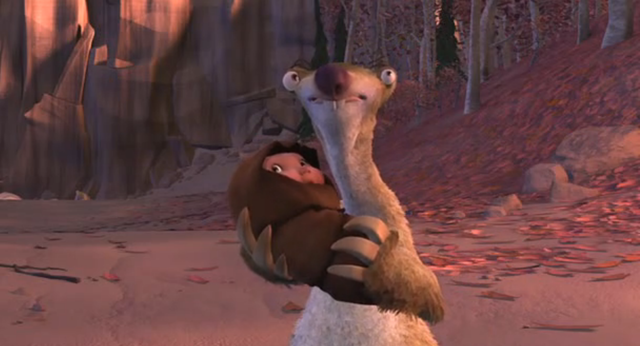 The mother tells Sid and Manny to take the baby and they do