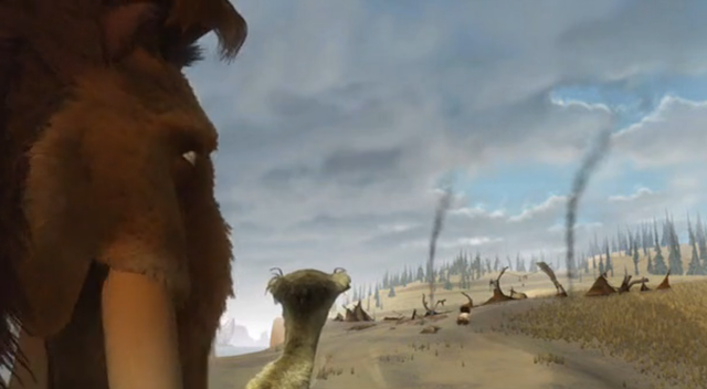 After Sid's failed attempt, they decide to return the baby together. Once they get to the human's camp, they find out it's been destroyed