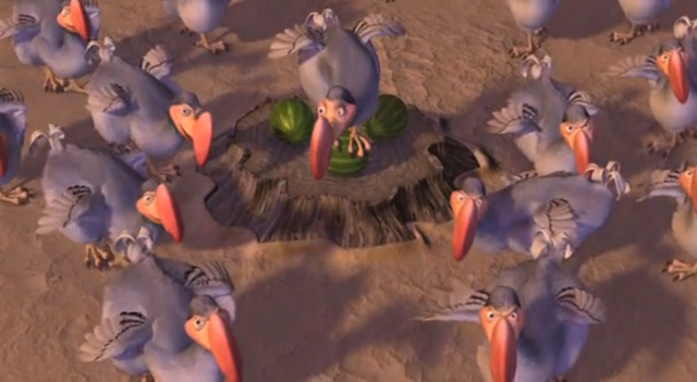 The dodos try to defend the melon as it's one of the three they have, but they fail.