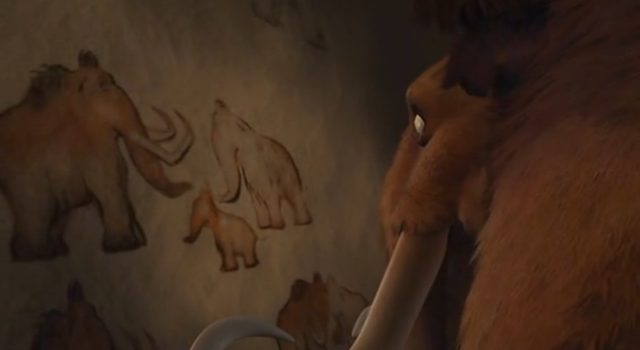 They enter a cave where Manny sees hieroglyphs that explain his past