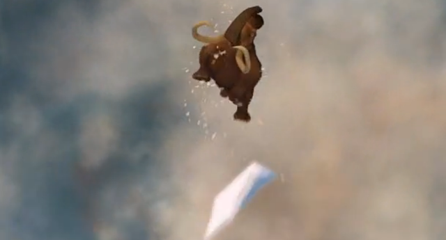 A geyser shoots Manny and the ice he was standing on up into the air and back to safety