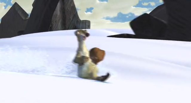 Sid skis down with the "baby" making the sabers chase him away from Manny