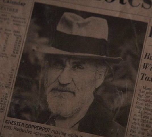 The Goonies find the corpse of Chester Copperpot (a famous man whou "discovered" One-Eyed Willy's treasure and was never heard of again)