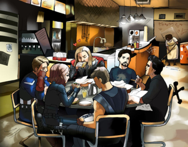 The Avengers rest and finally eat at Shawarma in the end.