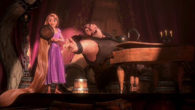 Rapunzel and Flynn run into an old restaurant.