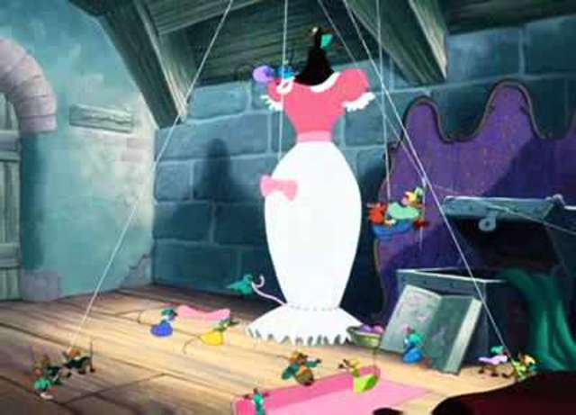 Cinderella's mice and bird friends make the dress.