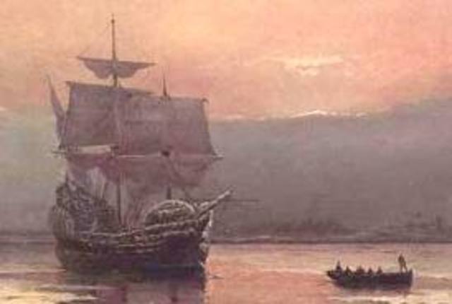 The Mayflower lands at Plymouth Rock, Massachusetts