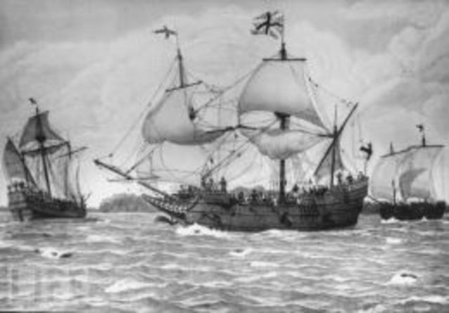 Settlers come to the new land by ship.