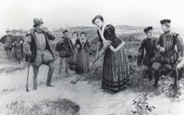 Mary, Queen of Scots, seen playing golf shortly after the death of her husband Lord Darnley,