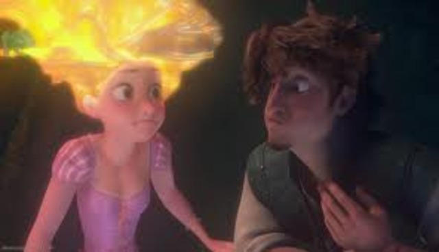 Rapunzel sings to make her hair glow and both her and Flynn Rider find a way out