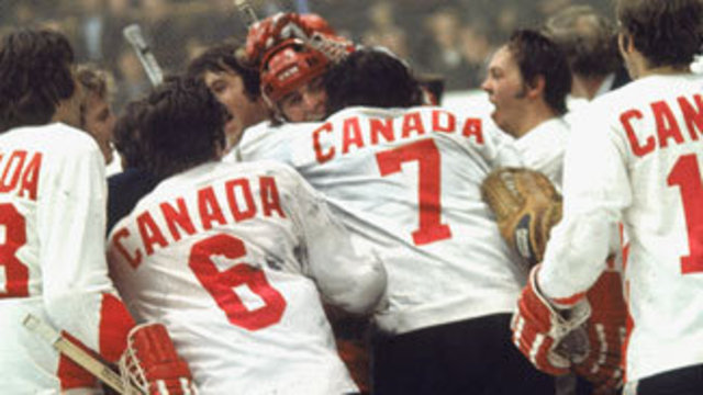Canada wins the first hockey challenge againts the soviets.