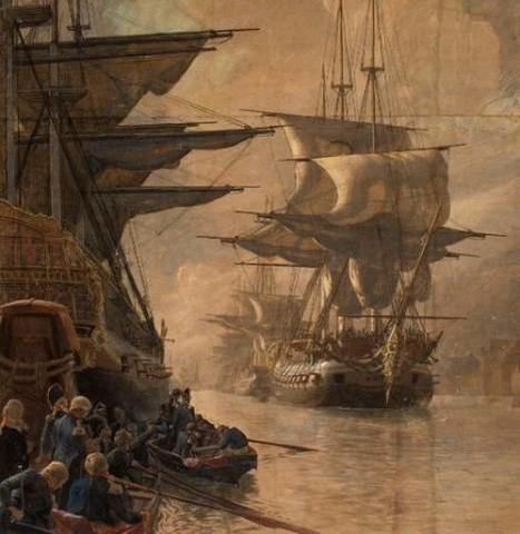 Britiske krigskip seiler inn i Øresund, Britene krever at Danmark enten at de utleverer den Dansk-Norske krigsflåten.