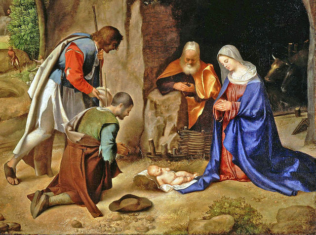 The infant Jesus is visited in Bethlehem by the Three Wise Men and the Shepherds