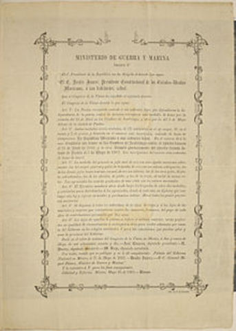 Juárez publicó el decreto de condecoración a los vencedores de las batallas del 28 de abril en las Cumbres de Acultzingo y del 5 de mayo en Puebla, considerando ambas como victorias ante el ejército expedicionario francés.