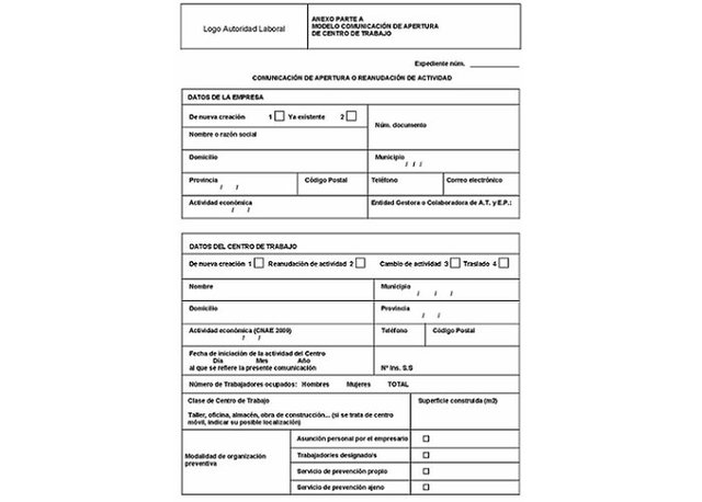 Comunicación del centro de apertura de trabajo.