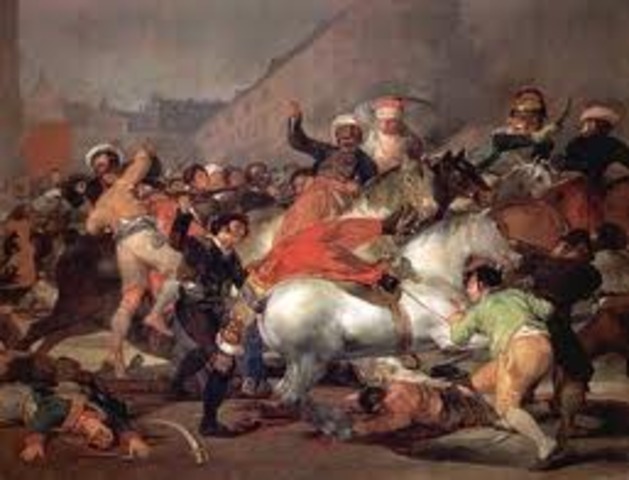 El pueblo de Madrid se levanta en contra de los invasores franceses. Napoleón traslada la familia Real a Francia y nombra a su hermano rey de España.