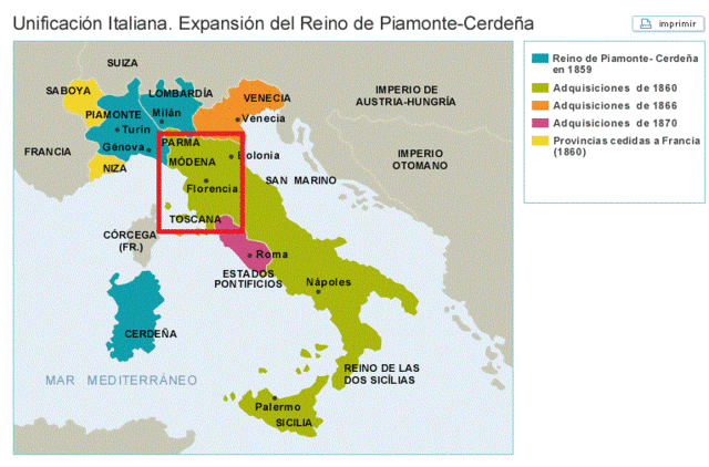 Incorporación de Módena, Parma yToscana al reino de Piamonte.