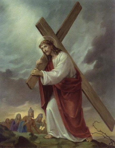 Jesus forced to carry his own cross, then actual crucifixion