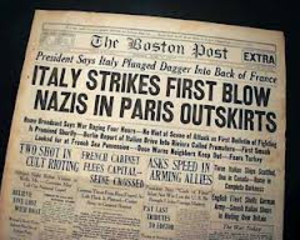 Italy declares war on Britain and France.Italy invades France.