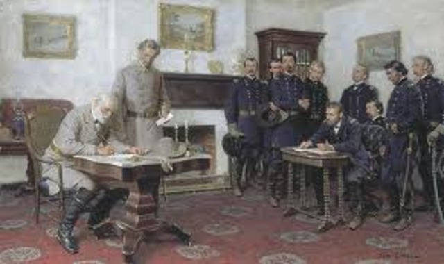 Lee surrenders to Grant at Appomattox Courthouse