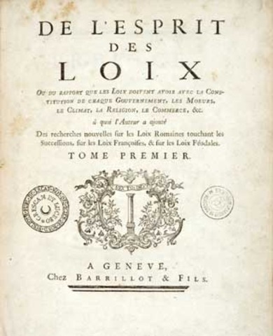 Montesquieu publishes book, On the Sprit of Laws