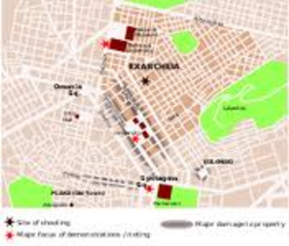 School children walk out of school, protesters occupy university buildings, 11 public buildings around Syntagma Square set on fire.