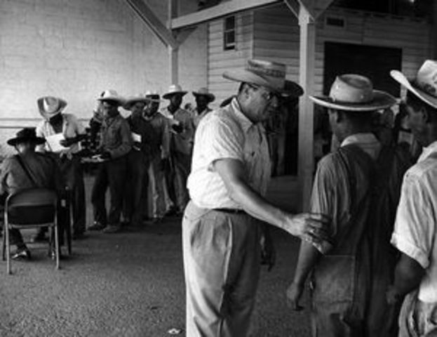 Bracero Program Begins: With WWII in full bloom, Farmers from the southern states requested help to keep up with agriculture products.  allowed Mexican nationals to take temporary agricultural work in the United States. About more than 4 million Mexican n