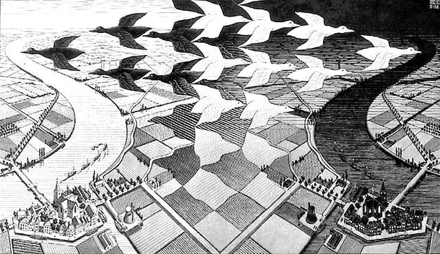 Escher- Иллюзия соотношения фигуры и фона.