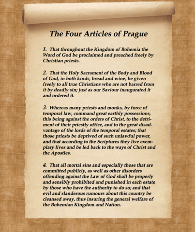 The Hussites agreed on the Four Articles of Prague