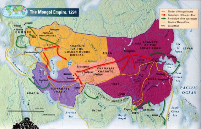 Genghis Khan's empire is split into four Khanates, or regions.