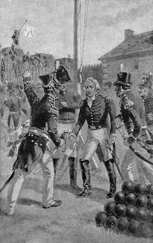 General William Hull surrenders to General Isaac Brock at Detroit.