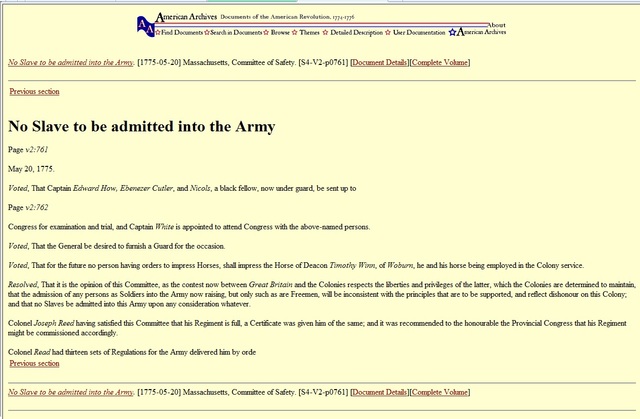 May 1775 (Committee of Safety)  Congress Refuses Black Enlistees