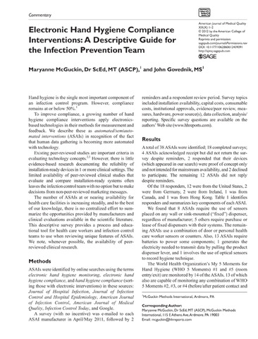 Electronic Hand Hygiene Compliance Interventions: A Descriptive Guide for the Infection Prevention Team
