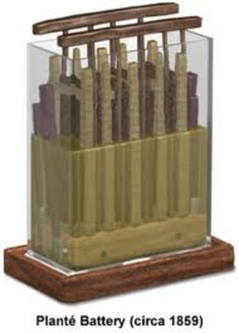 The first battery to store electricity is used.