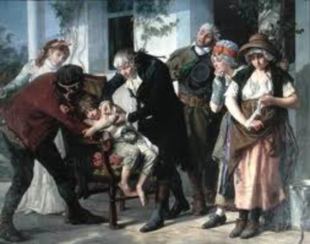 The first vaccination agianst smallpox, by Edward Jenner in England.