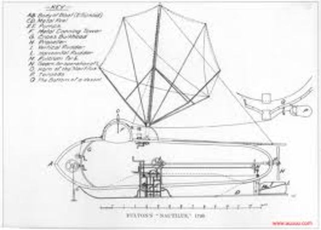 The first submarine is built by Robert Fulton in America