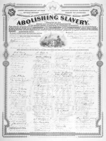 The U.S. Congress approves the Thirteenth Amendment to the United States Constitution, to abolish slavery. The amendment is then submitted to the states for ratification.