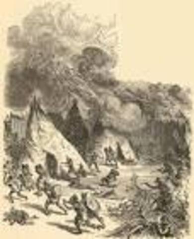 During the Pequot War, English colonists, with Mohegan and Narragansett allies, attack a large Pequot village on the Mystic River in what is now Connecticut, killing around 500 villagers