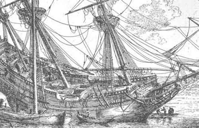 The H.M.S Endeavour was careened to fix the hole in the bottom.