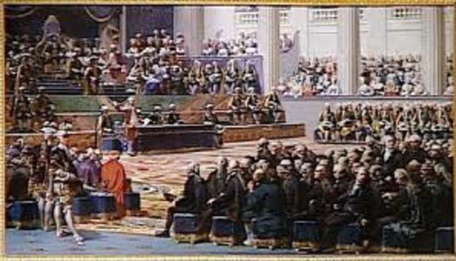 Estados Generales convocados para Myo de 1789. Parcial bancarrota del estado: Hacienda suspende pagos. Brienne dimite; Necker renombrado.