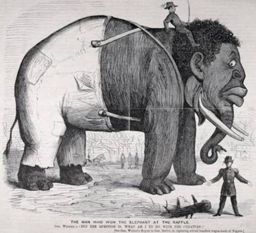 The Man Who Won the Elephant at the Raffle (Political Cartoon)