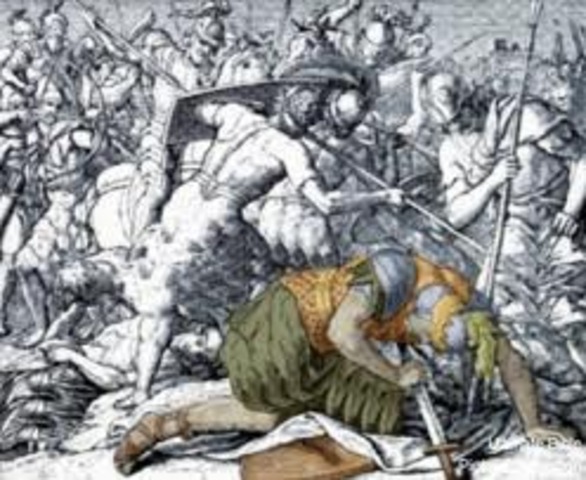 Samuel dies and in a battle 3 of Saul's sons die and he gets wounded and falls on his sword