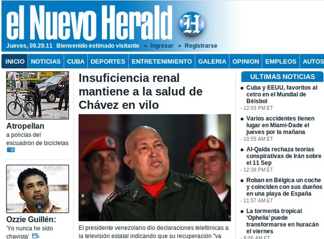 Nuevo Herald anuncia un "cuadro clínico crítico" de Chávez