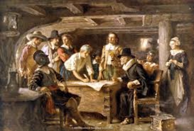 Pilgrims sign the Mayflower Compact