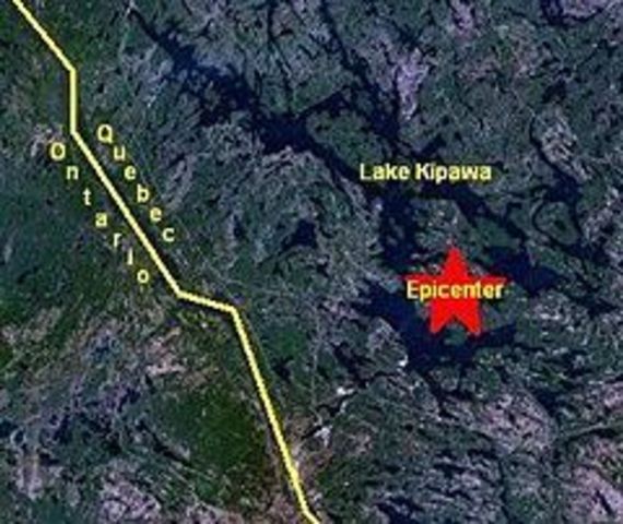 The magnitude 5.2 Kipawa earthquake occurs in Ontario and Quebec, Canada
