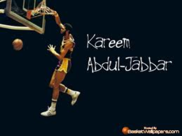 Kareem Abdul-Jabbar becomes the NBA's All-time leader in points scored against the Utah Jazz in Las Vegas Nevada.