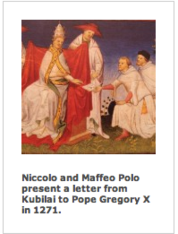 "The Polo brothers present Kublai Khan’s letter to newly-elected Pope Gregory X"