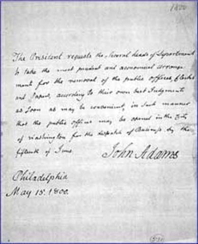 John Adams orders relocation of government offices