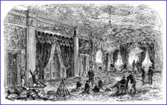 Civil War soldiers are quartered in the mansion's East Room