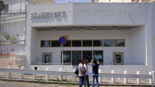 An attack by four gunmen on the American embassy is foiled in Damascus, Syria.